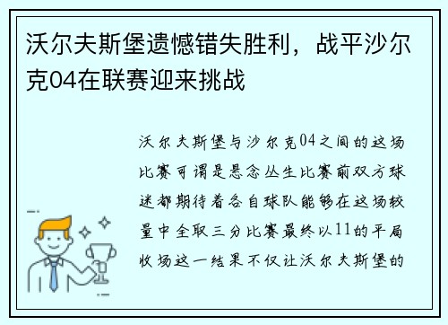 沃尔夫斯堡遗憾错失胜利，战平沙尔克04在联赛迎来挑战